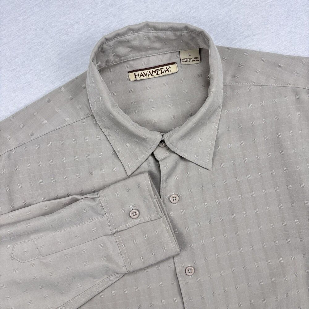 Havanera Co Shirt L Gray Taupe Dobby Check Button Down L/S Poly